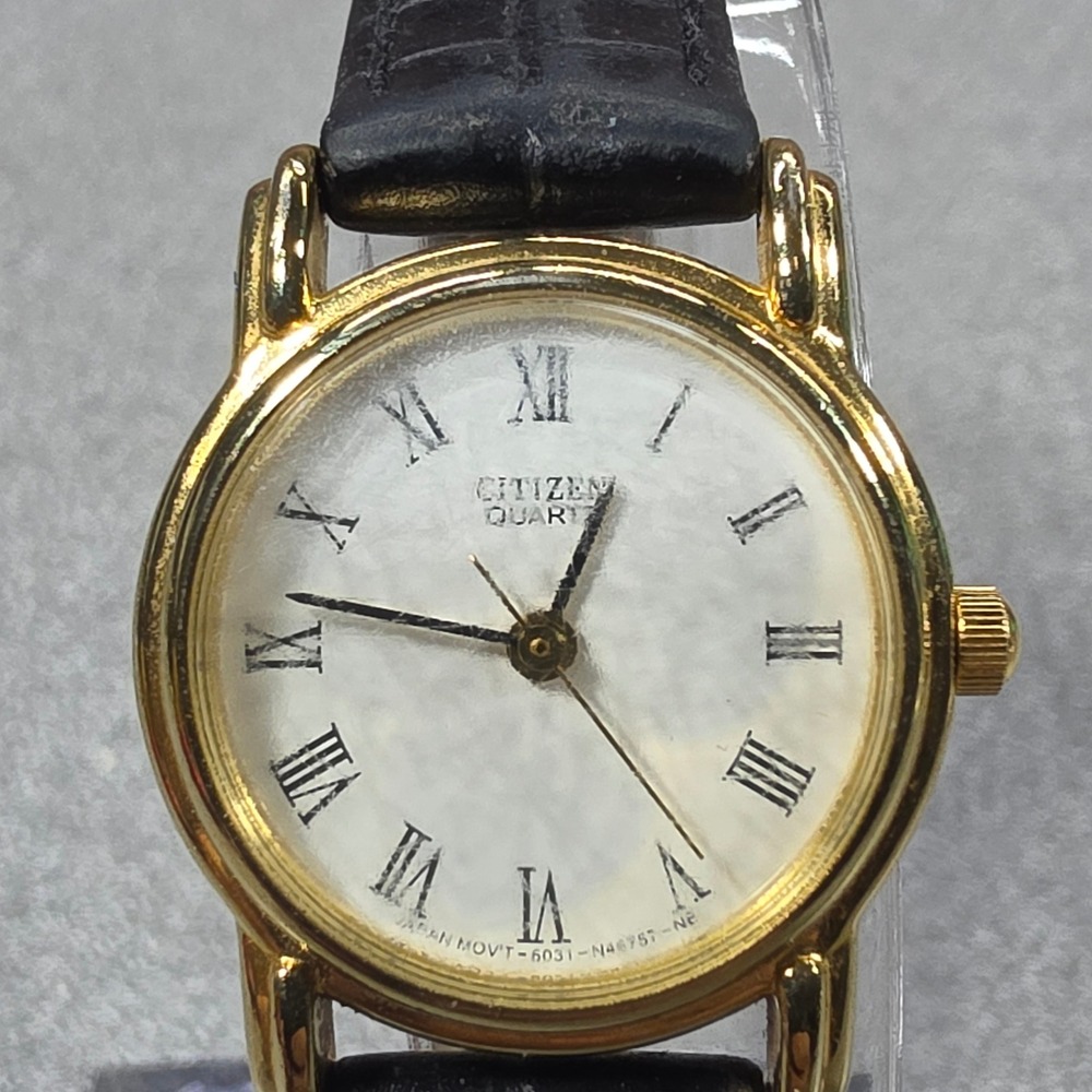 Citizen Quartz Watch Womens OS Gold White Roman Numeral Good Leather Band 6031